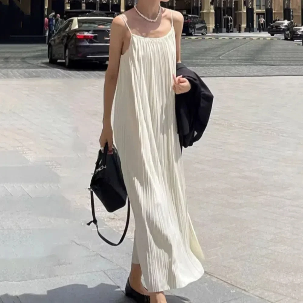 

Fashion A-line Loose Sling Dress Solid Color Round Neck Sleeveless Long Dress Beachwear Beach Vacation Sundress Summer