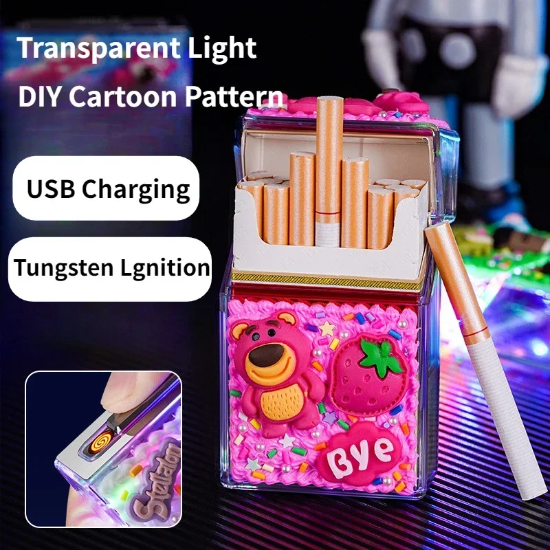 Tungsten Ignition Transparent Illuminated Cigarette Case USB Charging DIY Cartoon Pattern 20pcs Smoking Accessories Men\'s Gifts