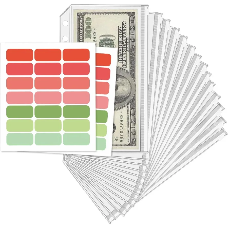 

16 Pcs A6 Zippered Binder Envelope Pouches for 6Ring Budget Cash System Clear Inserts for Money Saving and Budgeting With 42 St