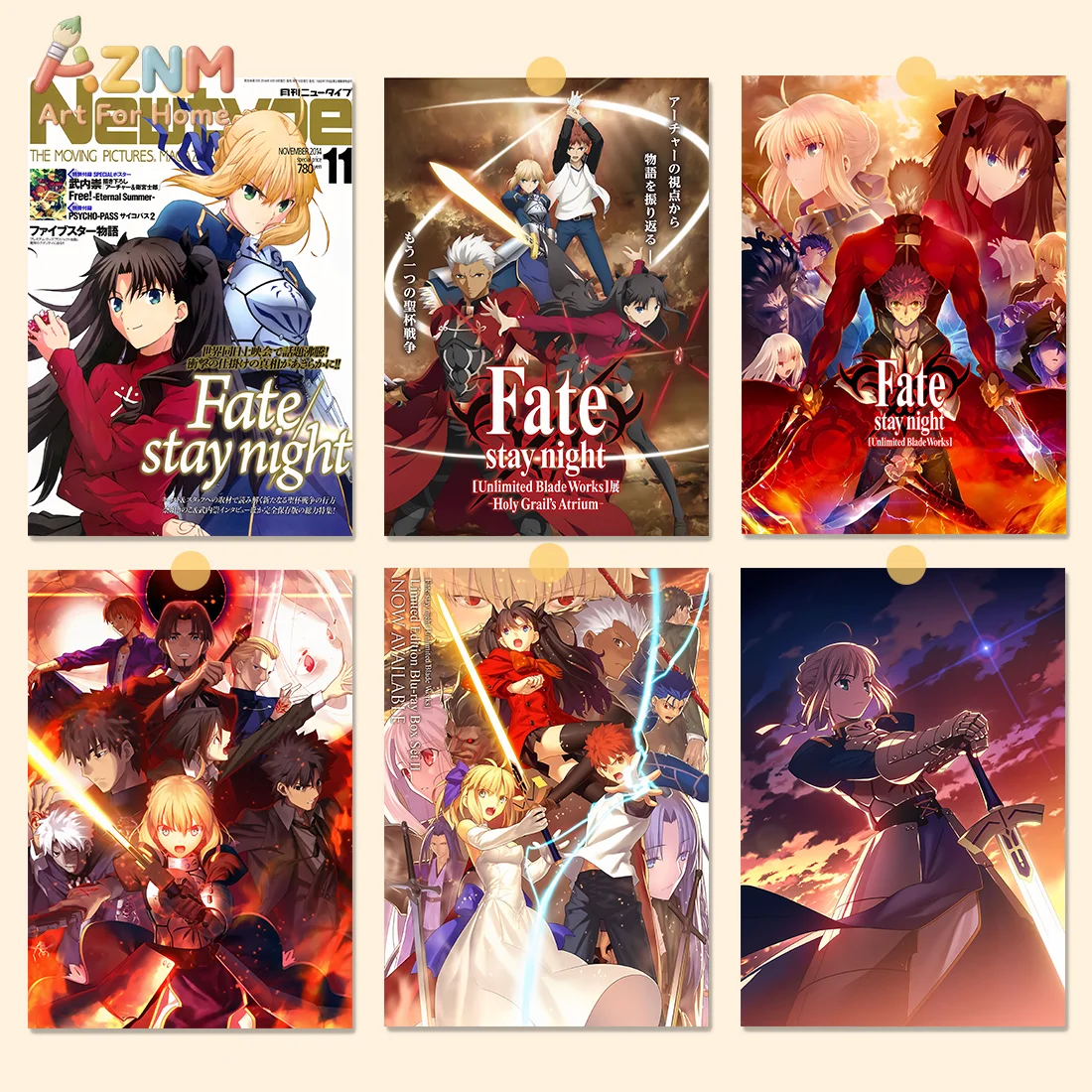 AZNM Fate Stay Night - Lienzo decorativo para pared, póster de anime Unlimited Blade Works Saber Rin Tohsaka Shirou Emiya, impresión en lienzo sin marco