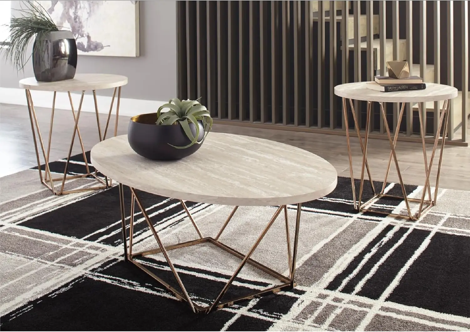 Modern White & Gold 3-Piece Coffee Table Set with Faux Marble Tops, Includes Center and End Tables