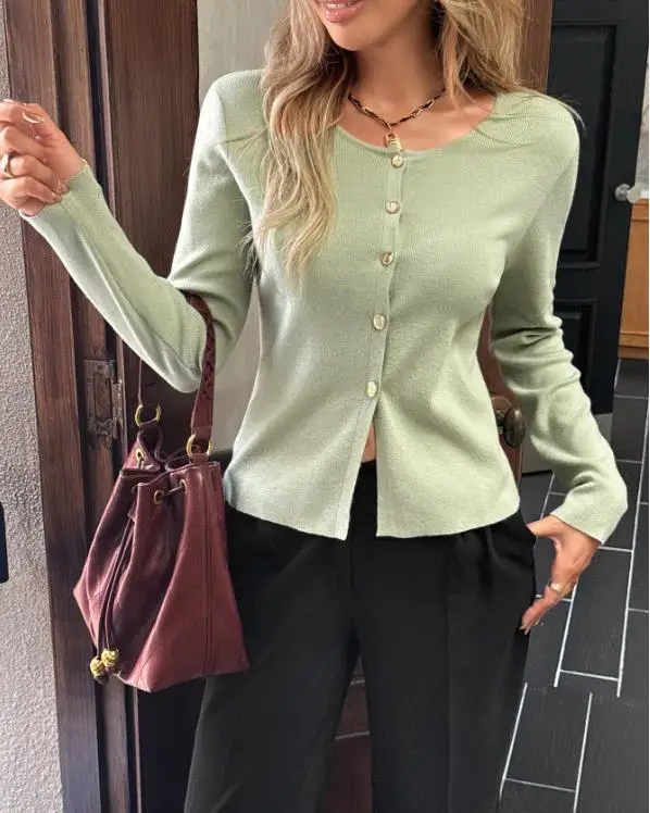 

Women's Top Spring Autumn New Elegant Casual Style Round Neck Metal Button Front Waist Tailored Long Sleeve Knitted Top