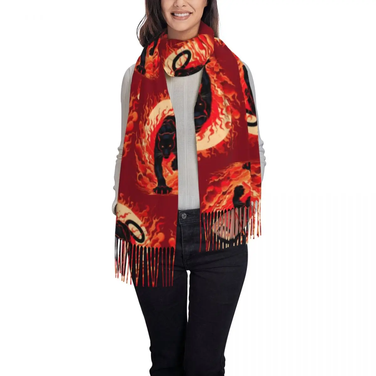 Black Panther Leopard Walking From Flame Scarf Tassel Scarves Women Soft Warm Shawls and Wraps Large Fall Winter Shawl Wrap