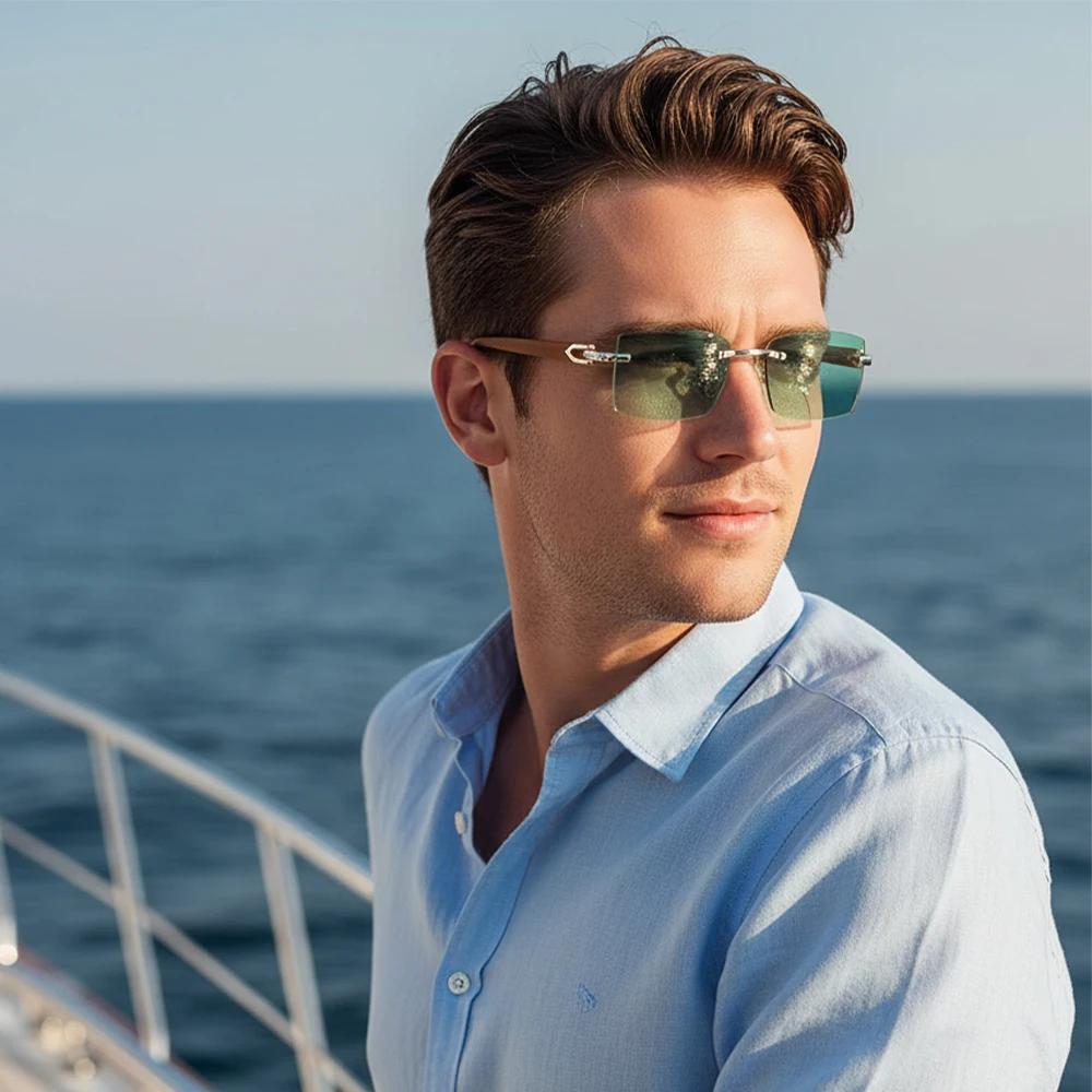 Neue modische rahmenlose Sonnenbrille für Herren, quadratische rahmenlose Retro-Brille, ideal für Damen, Reisen, Partys, Strandbrillen, Geschenke, UV400
