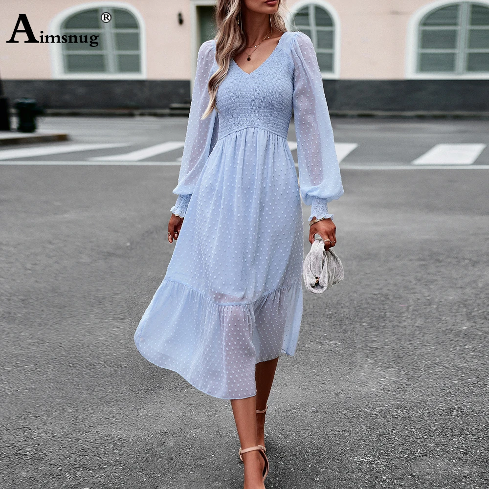 Women Elegant Guaze Chiffon Mid-Calf Dress Womens High Cut Jacquard Dots Party Dresses Female Casual A-line Dress Clothing 2023