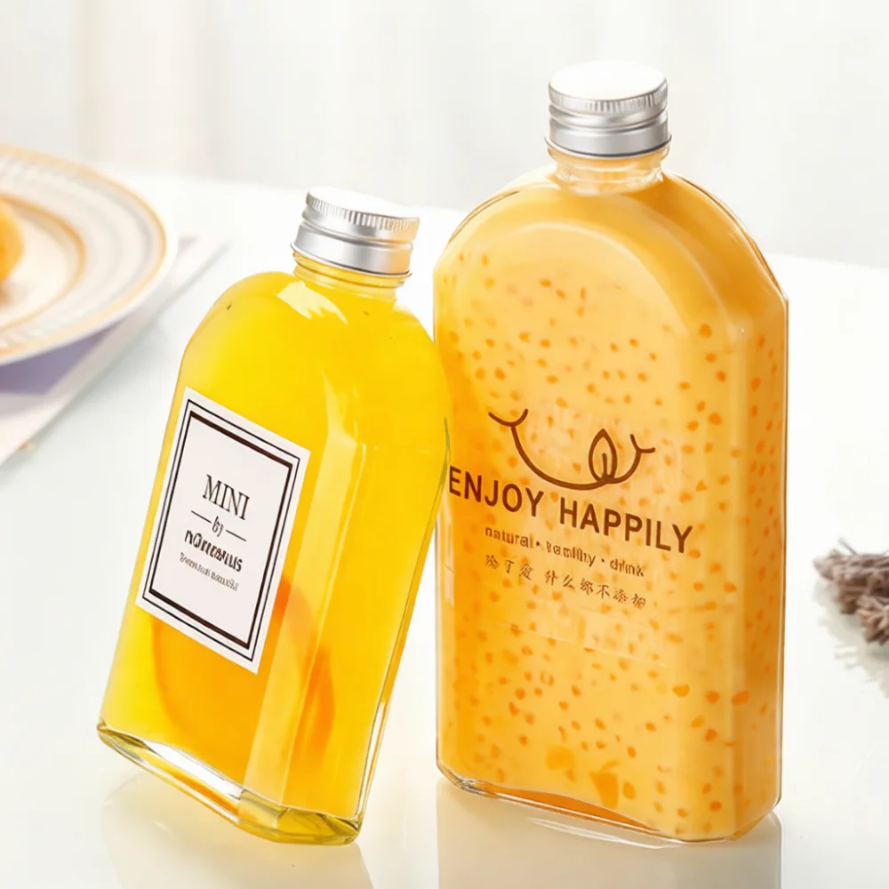 Modern Clear Glass Bottle For Juice Coffee Tea Beverage Packaging Portable Slanted Shoulder Flat Storage Flask