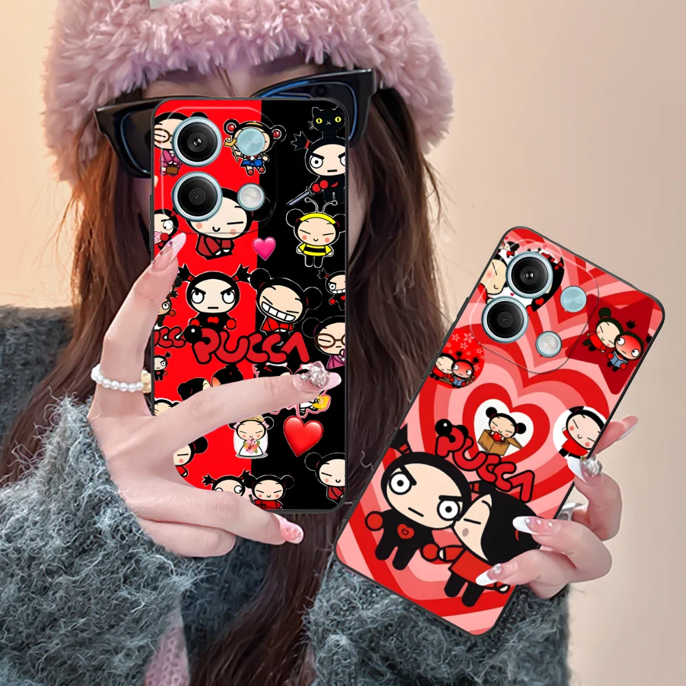 Cartoon P-Pucca Phone Case for Xiaomi Redmi Note 13 12 11 10 9 8 7 6 S A Pro Lite Plus 5G Black Cover Cellphones Smartphone