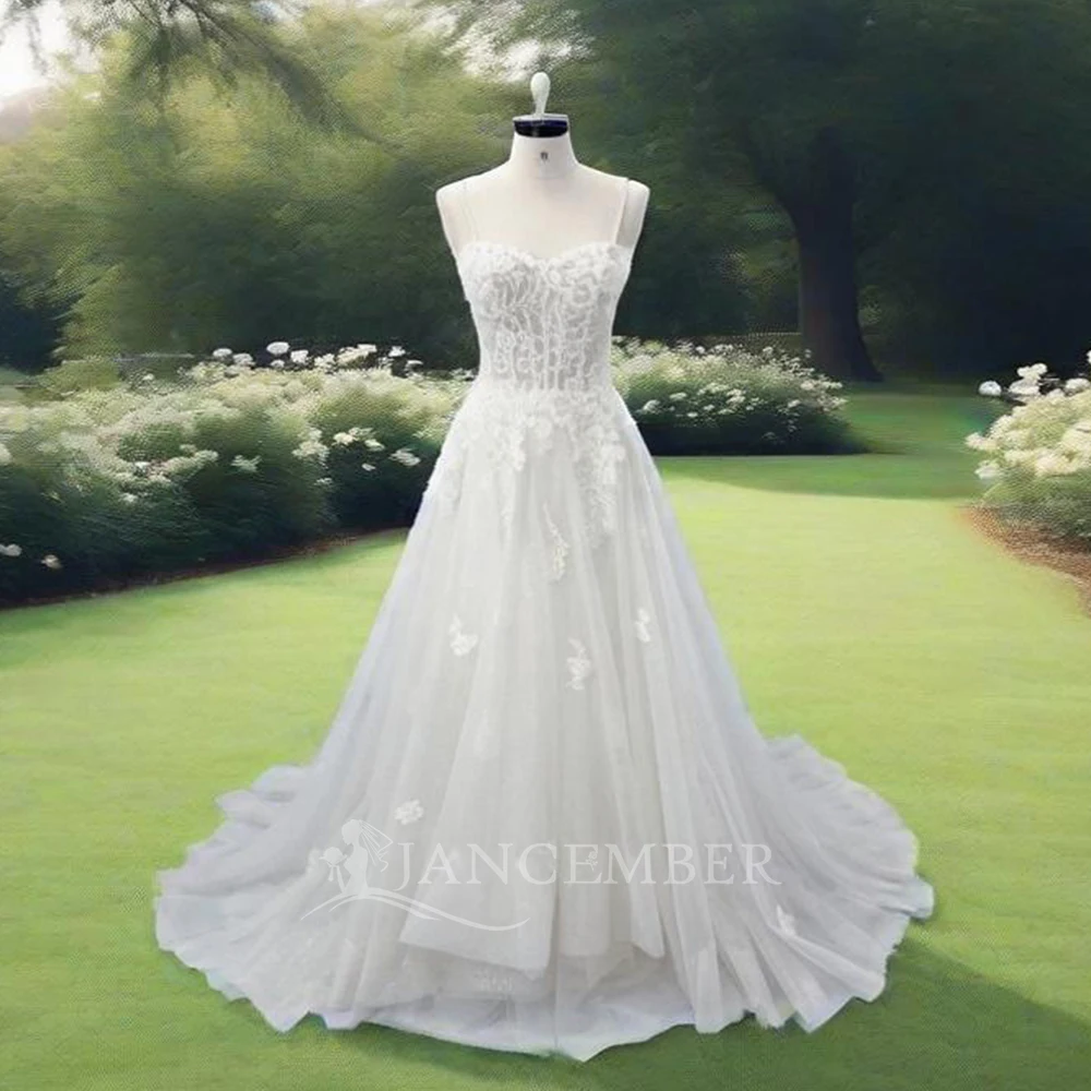 

A-line Wedding Dresses Spaghetti Straps Sleevelesss Lace Bridal Dress Zipper Elegant Boho Bride Gown vestidos de novia HX04