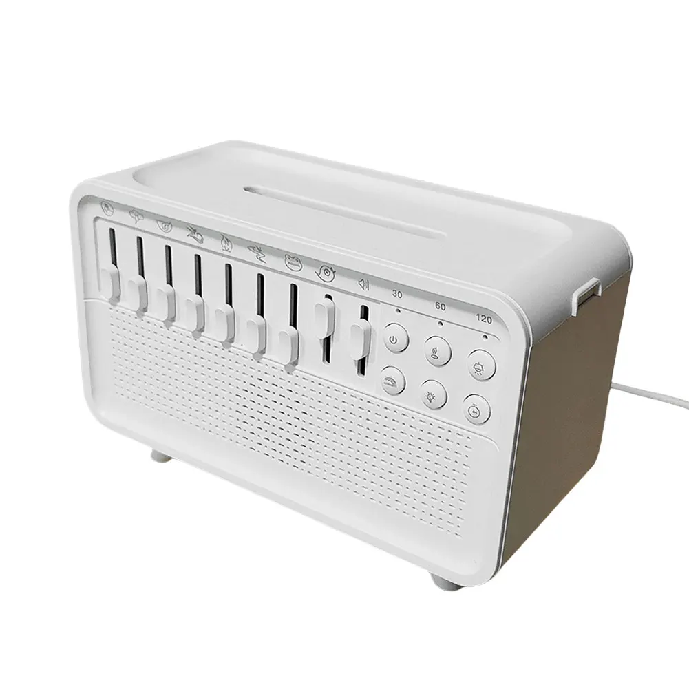 White Noise Machine Flame Air Diffuser Humidifier with 8 Nature Sounds BT Speaker Night Light Essential Oil Diffuser