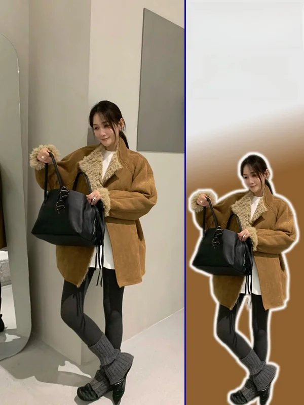 

Женское пальто больших размеров в стиле ретро с меховым воротником, из кожи и меха, теплое, универсальное, стройнящее, весна-осень, новинка