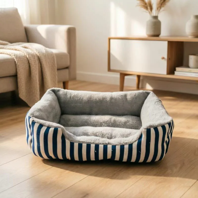 Cama para perro a rayas rectangular con borde acolchado todo el año - imagen 4