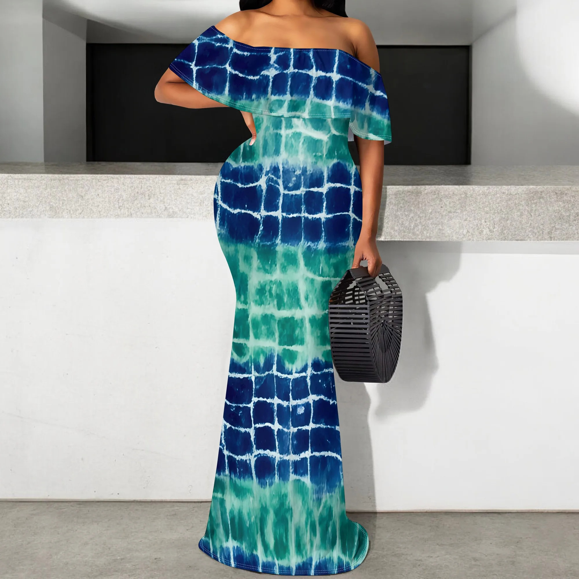 

Tie Dye Off Shoulder Bodycon Maxi Dress S-3XL Mermaid Hem Style for Beach Vacation, Summer Wedding or Cocktail Party
