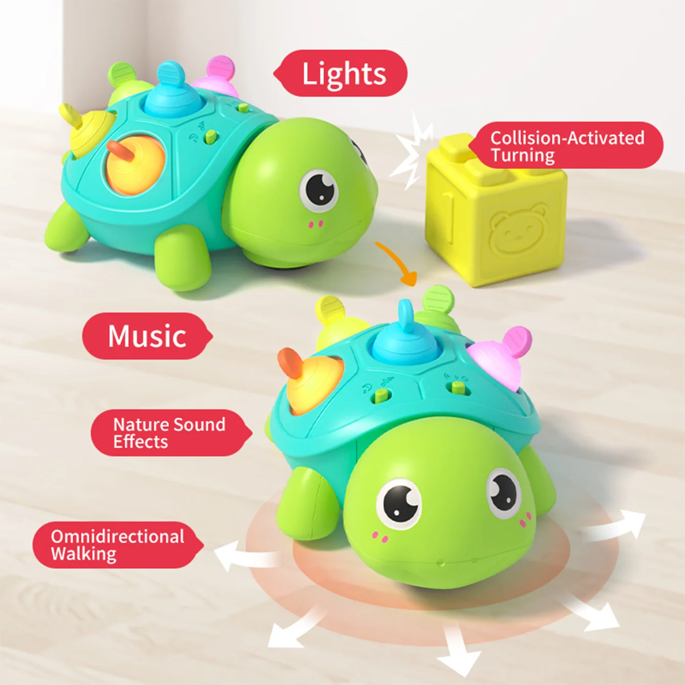 Giocattolo sensoriale educativo per tartarughe musicali Giocattolo strisciante per il tempo della pancia con rilevamento automatico della luce Giocattolo interattivo per tartarughe ambulanti
