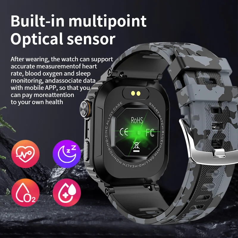 Montre intelligente militaire robuste pour homme, étanche IP68, détection de fréquence cardiaque, appel Bluetooth, montre intelligente de sport pour