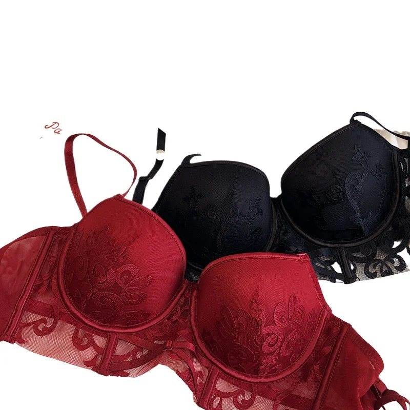 KUCLUTEmbroidery Gauze Top Thin Thick At The Bottom Small Breasts Push Up Bra And Panties Sexy Women Underwear Lingerie Big Size