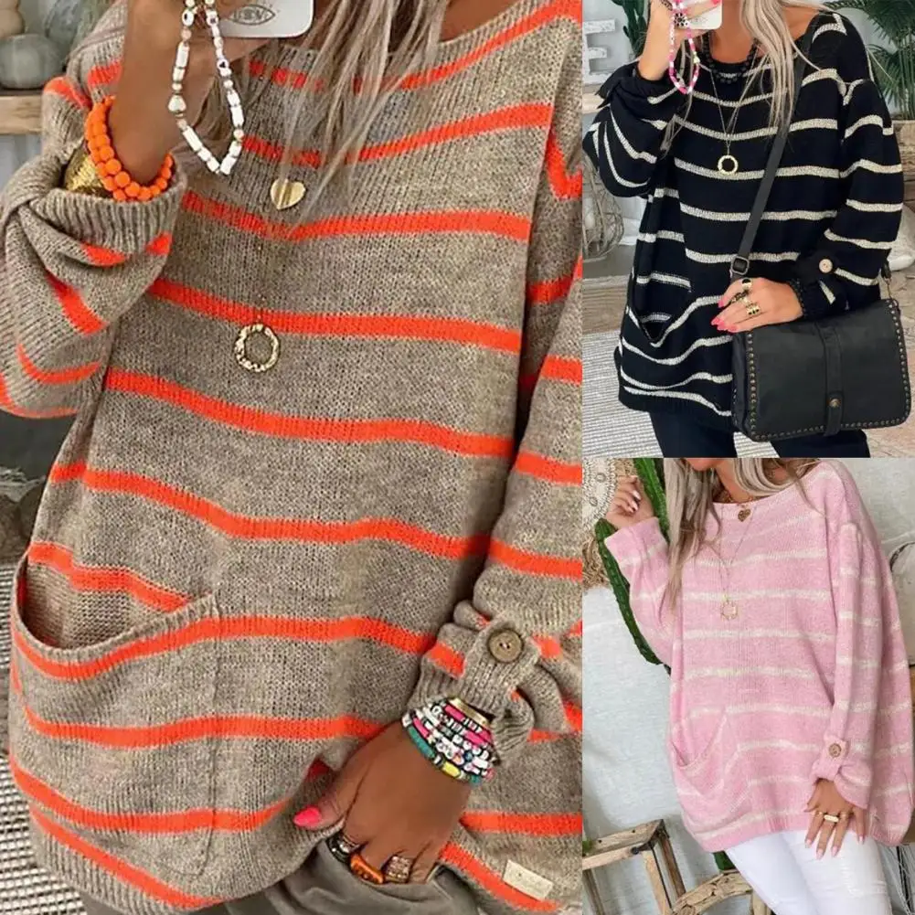 Trendy Skin-Touch Ribbed Hem Soft Women Striped Patchwork Pattern Loose Sweater Jumper Striped Sweater Cold Resistant