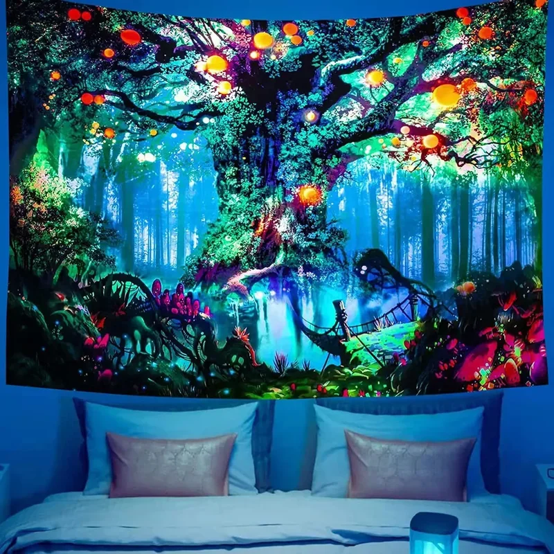 Psychedelic black light colorful tree of life fluorescent tapestry UV response wall hanging hippie room decoration