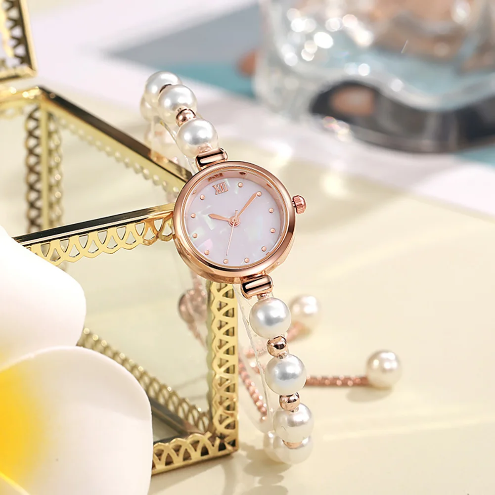 Elegant Delicate Female Quartz Watch Roman Dial Pearl Bracelet Strap Fashion Wristwatch Daily Jewelry Accessories For Women