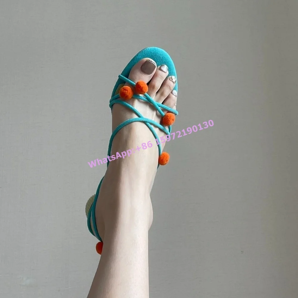 Orange Bobbles Blue Sandals Ball Heels Lovely Narrow Band Round Toe Slingback Back Strap Shoes Summer Sweet Girls Slippers