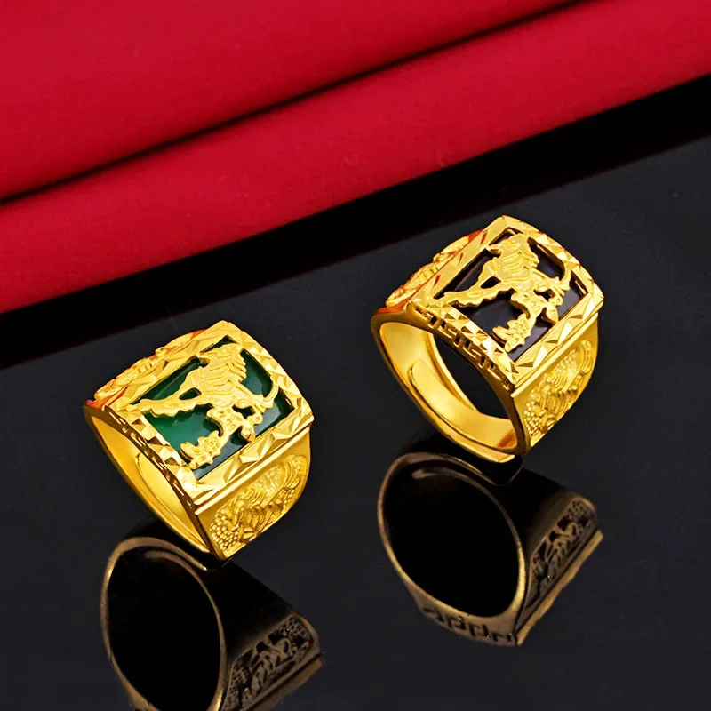 

High Quality Men's 9999 24K Real Gold Inlaid Emerald Dragon Ring Wide Version Domineering and Successful Gold Ring Father Gift