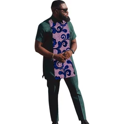 Ensemble patchwork vert noirâtre pour hommes avec pantalon, vêtements de fête africains, chemise à manches courtes, olympiques de marié de mariage