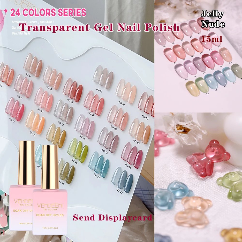 

Vendeeni 24 цвета/набор, желейный гель-лак для ногтей телесного цвета, УФ-светодиодный прозрачный маникюрный лак для ногтей с цветной картой, БЕСПЛАТНО TPO/HEMA