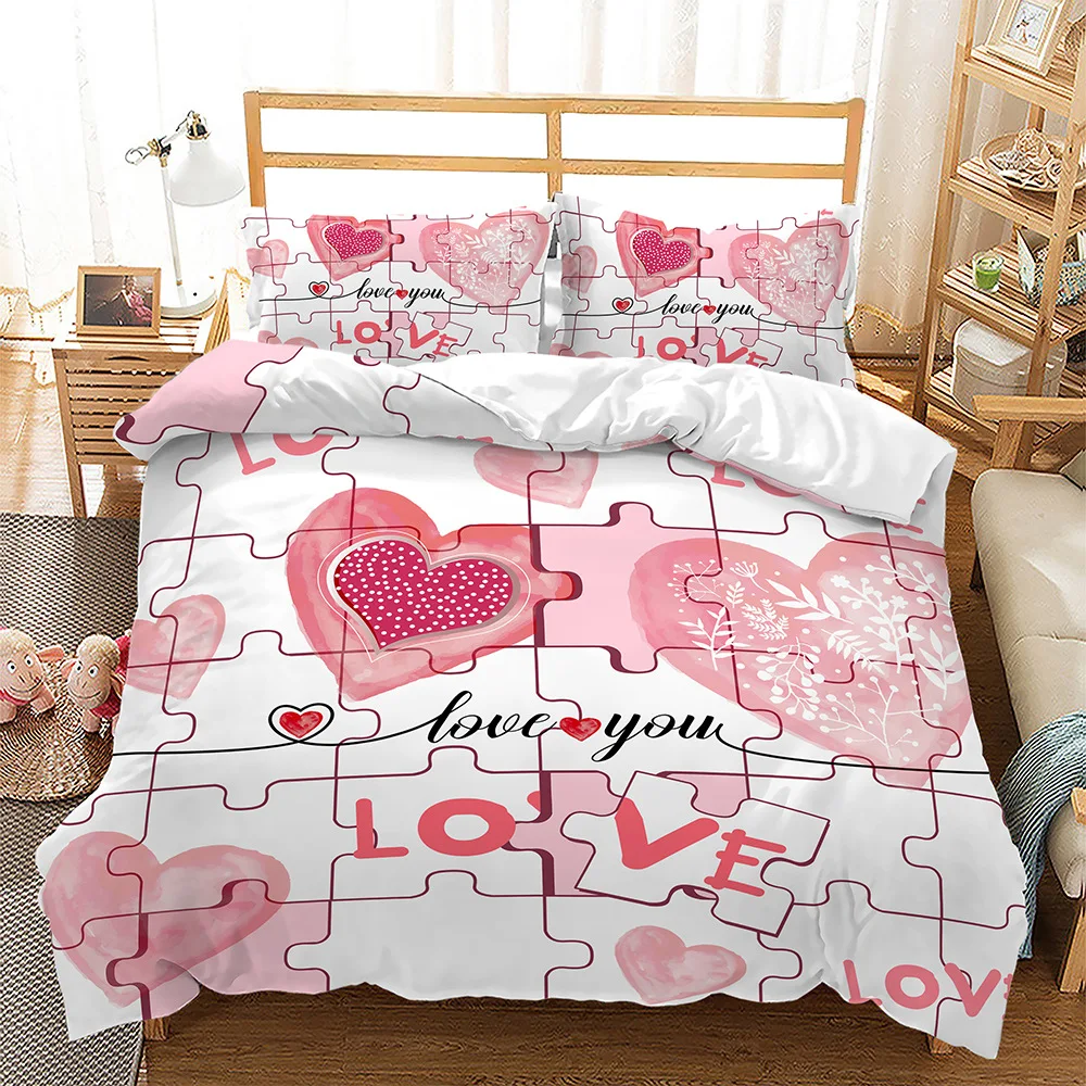 Love Heart Pattern King Queen Duvet Cover Pink Puzzle Bedding Set for Kids Girls Women Valentine's Day Bedroom Decor Quilt Cover