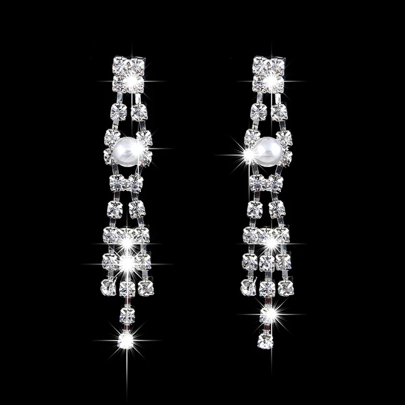 Luxury Simulated Pearl Tassels Bride Wedding Necklace Earing Set Crystal Zircon Wedding Bridal Jewelry For Women Bijoux Gift