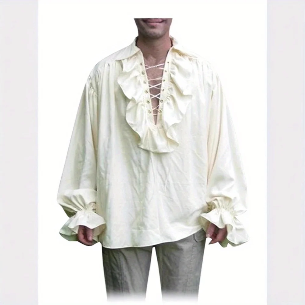 

Мужская плиссированная рубашка с завязками спереди: высококачественная свободная блузка с длинными рукавами, средневековая блузка, сценический костюм