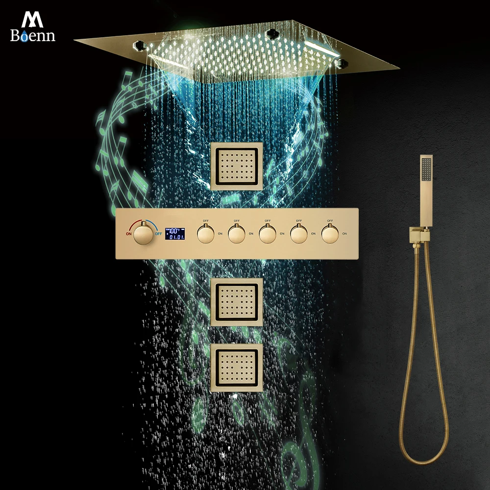 

M Boenn Luxurious Brushed Gold Shower System Set Hot Cold Bathroom Faucets Music Shower Head Rainfall Powerful Massage Body Jets
