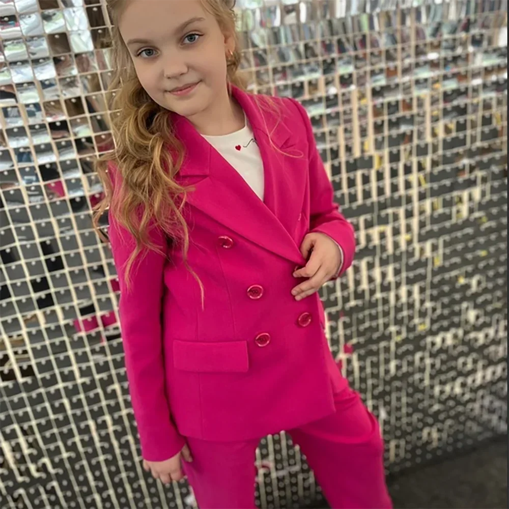 Chic Peak Lapel Girl Suits Double Breasted Solid Color Party Wedding Tuxedo Formal Casual Daily Girl Clothes (Blazer+Pants)