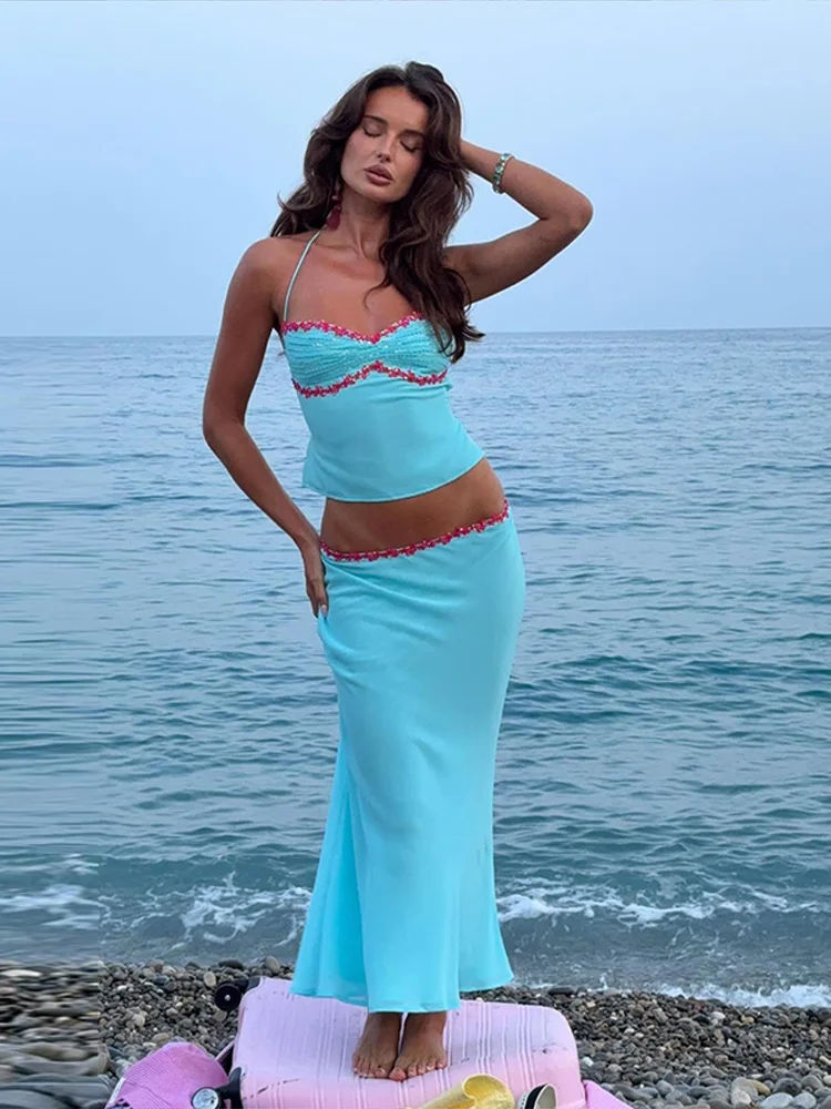 Sexy paillettes colorées haut à licou Mini jupe ensemble dame rétro coupe basse dos nu hauts brillant mince jupes ensembles femmes été Chic tenues