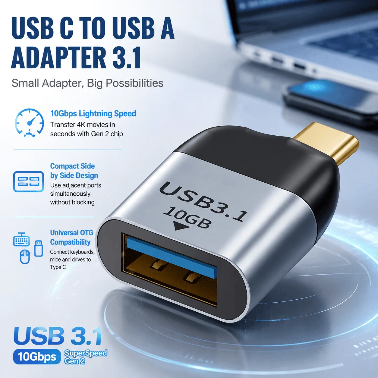 USB C To USB A Adapter 10Gbps Type C Converter USB 3.1 Gen 2 OTG MacBook Air Fast Charging Data Sync Compact Connector Laptop