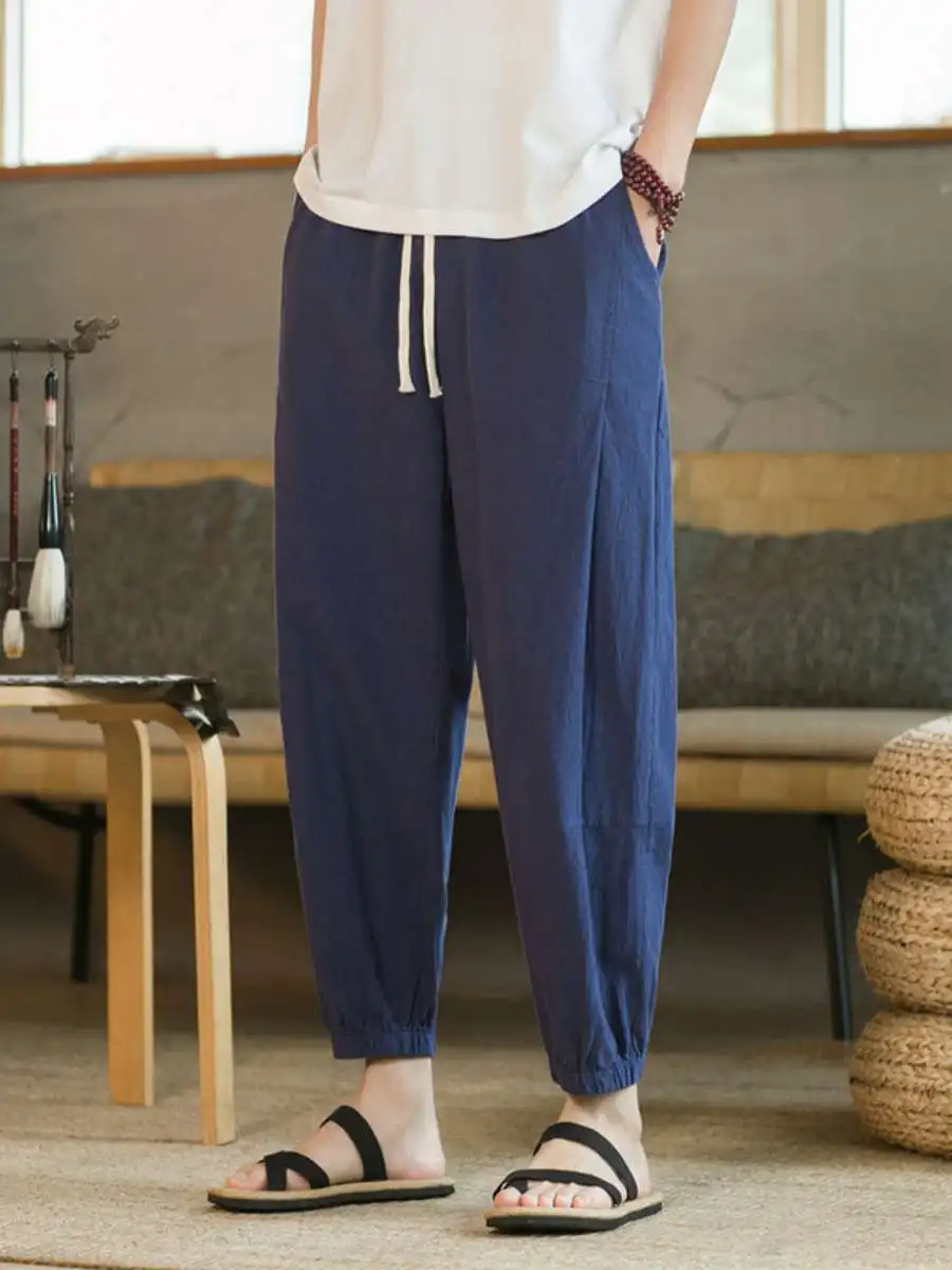 

Men's Casual Cotton Linen Nine-Foot Pants Thin Loose Summer Leisure Shorts High Waist Eight-Piece Trousers Spring Fashion