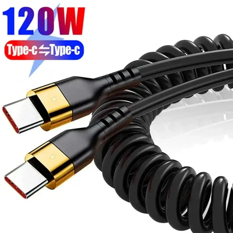 

120W Car 5A Type C to Type C Spring Fast Charging Cable For iPhone 15 16 17 pro max Samsung Huawei Xiaomi Redmi OnePlus