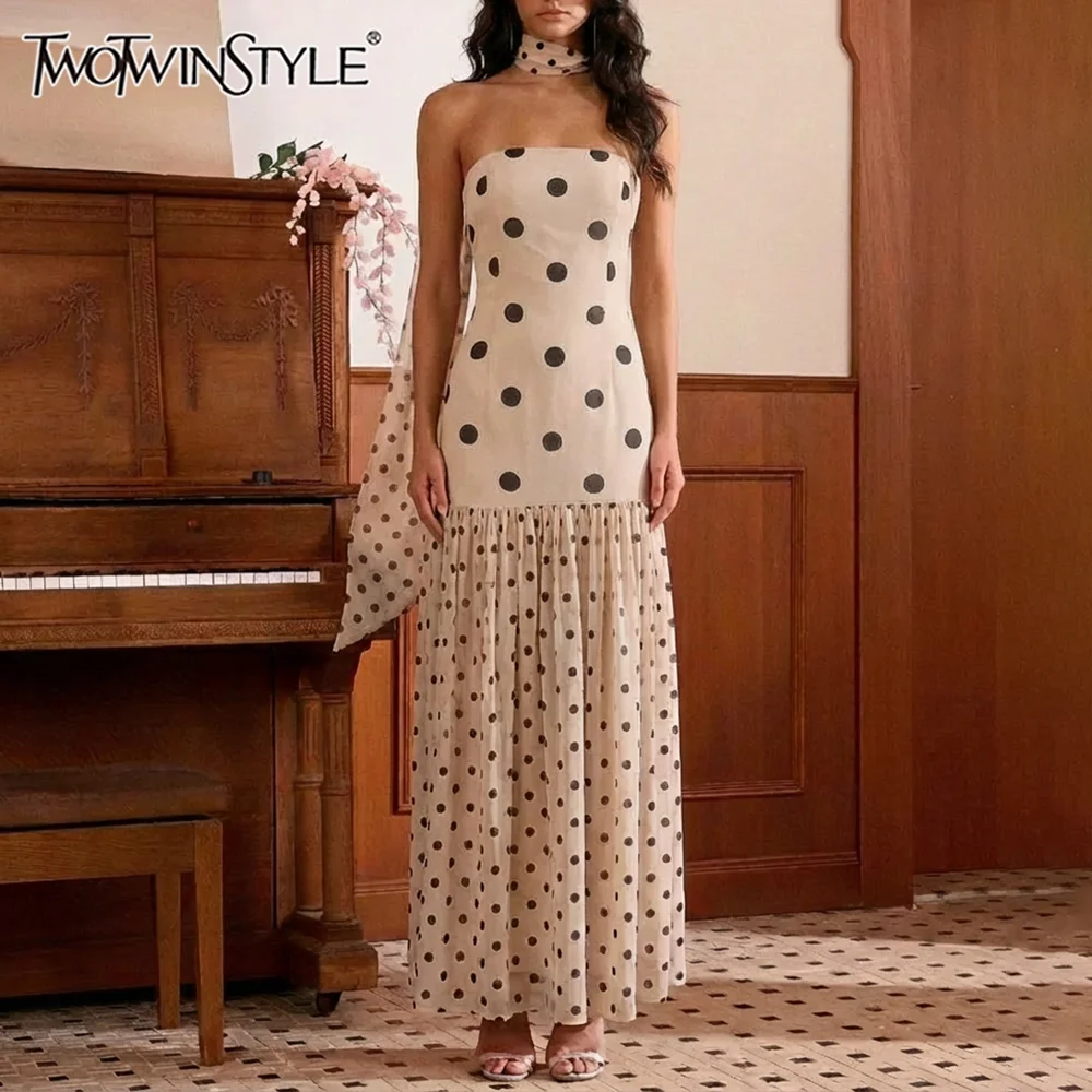 

TWOTWINSTYLE Colorblock Slimming Spliced Polka Dot Dress for Women Strapless Sleeveless Patchwork Mesh Midi Dresses Female New