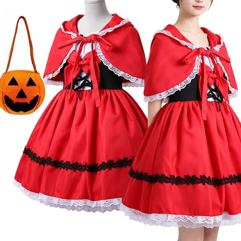Halloween Girls Fairy Tale Cosplay Costume Kids Red Hood Dress Cape Cloak Headband Carnival Fancy Dress Party Stage Performance
