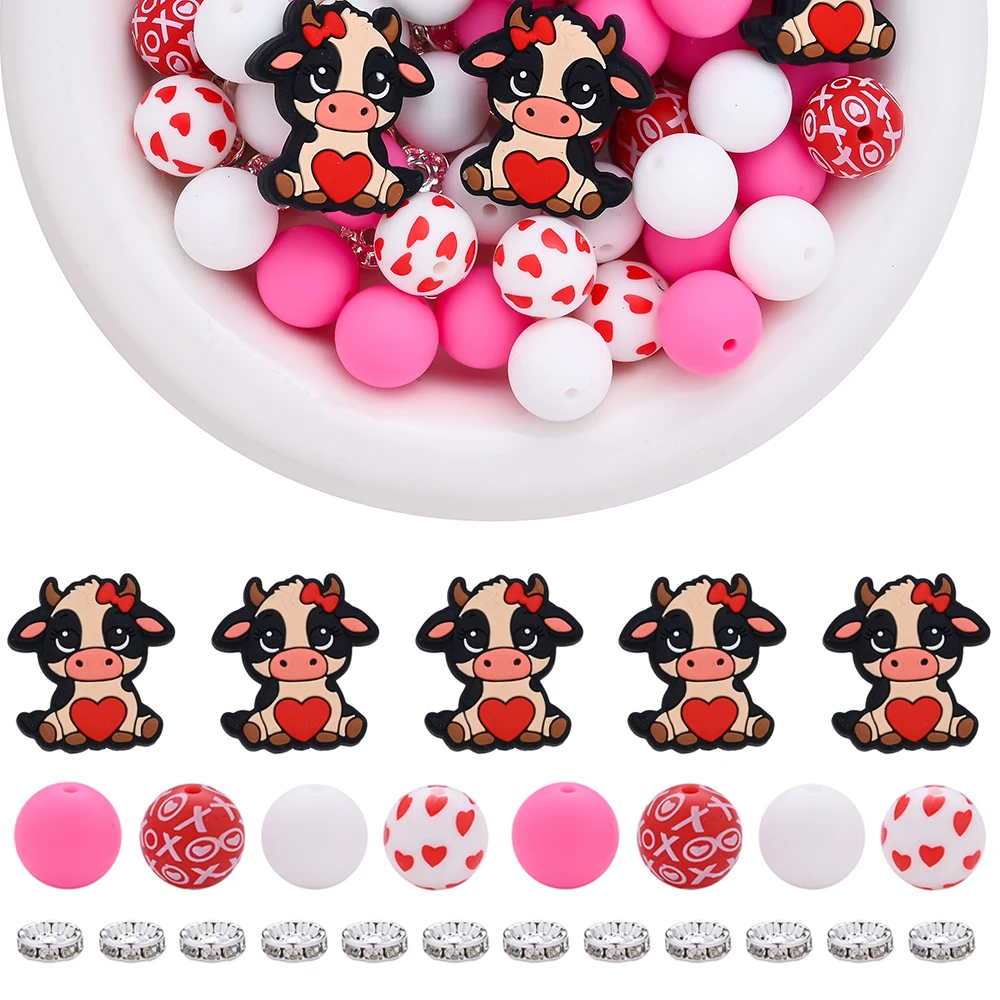 50pcs/set Pink Valentine's Day Silicone Bead Set Highland Cow Patch Heart Focus Beads DIY Keychain Pen Decor Jewelry Accessories