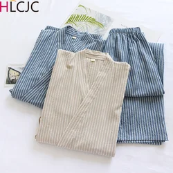 Japanese Kimono Striped Pajamas Set Men's Cotton Washed Loose V-Neck Cardigan Pants Thin Sweat Steamed Home Clothing for Men