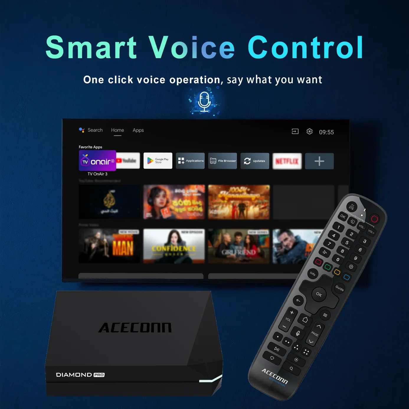 ACECONN Diamond Pro streaming Android cajas iptv 4K 8K TVONAIR3 2G 32GB WiFi6 Gigabit BT soporte voz remota retroiluminación TV Box