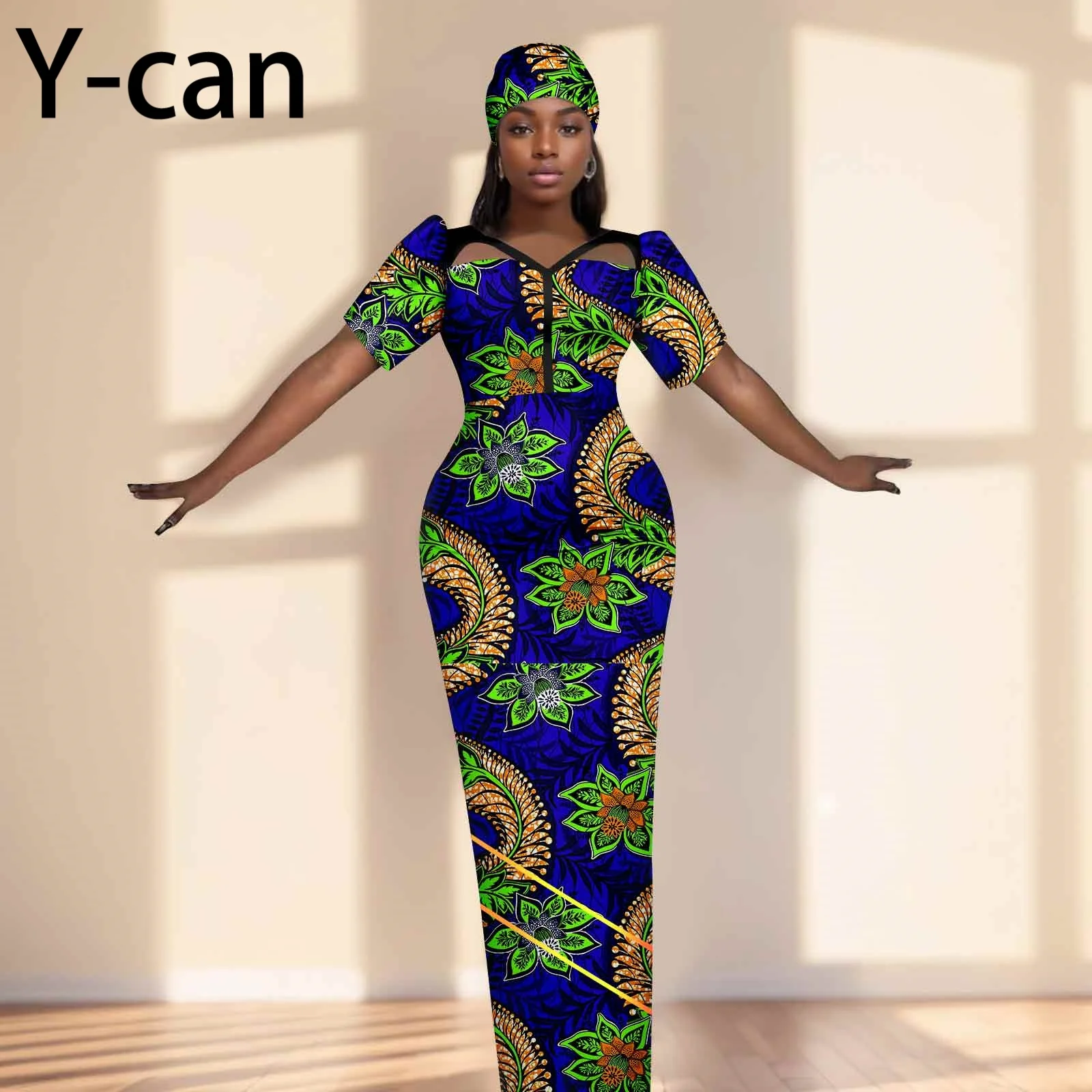 Party Gown African Dresses for Women Slim Fit Short Sleeve Dress Evening Vestidos with Headwrap Dashiki Ankara Print 2525071