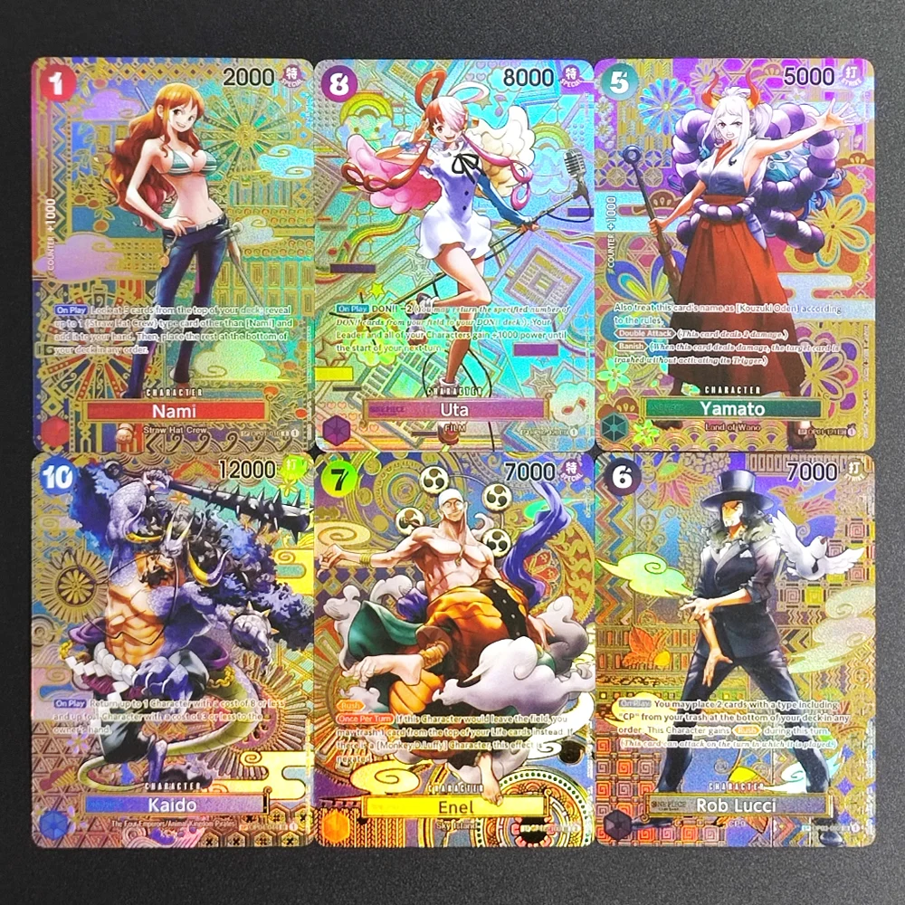 

Набор из 6 коллекционных карт One Piece 2023: Кайдо, Ута, Ямато, Энел, Нами, Роб, Луччи. Суперредкие классические аниме-карты.
