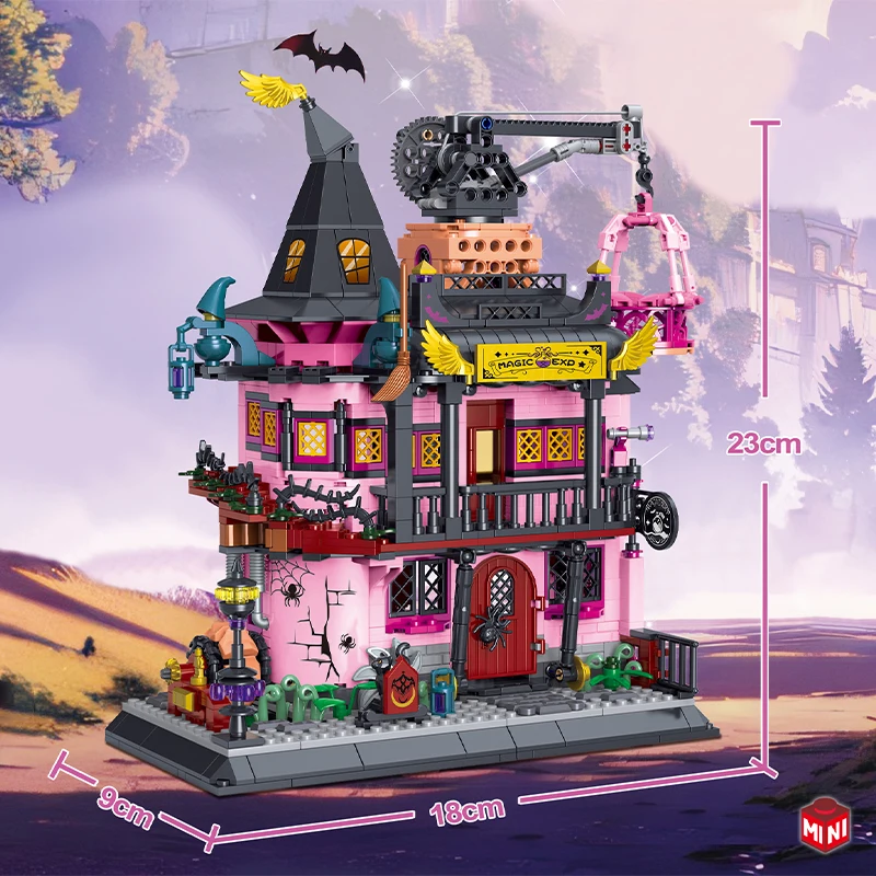 Halloween magia laboratório magia bruxa casa loja mini modelo bloco de construção cidade diy loja montagem tijolo brinquedos para crianças presente