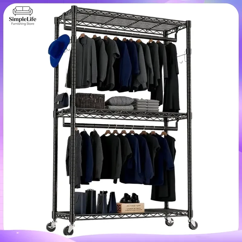 Modern Heavy Duty Rolling Clothes Rack 3 Tier Double Rods Wire Shelves Freestanding Garment Organizer Non Slip Mobile Hanger