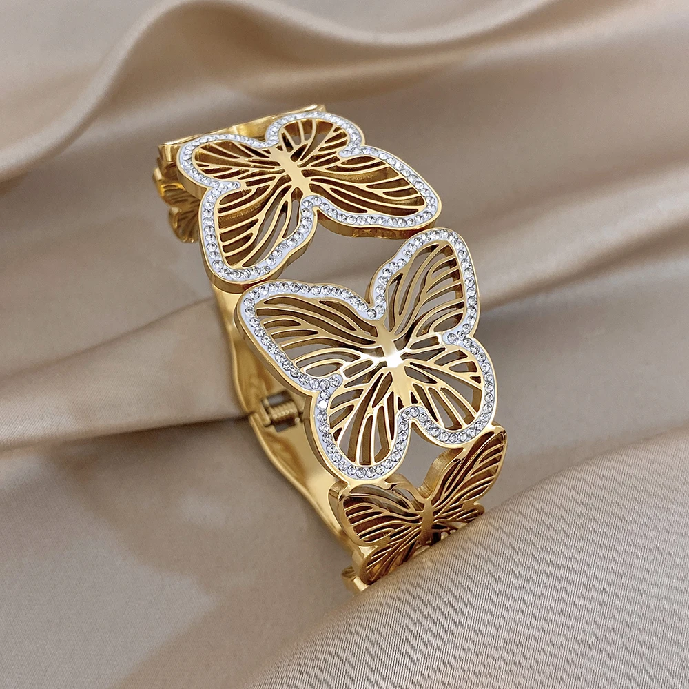 Feines Vergoldetes Edelstahl-Armband für Damen Elegantes Zirkon-Schmetterling Breites Manschettenarmband Charm-Schmuck Geschenke