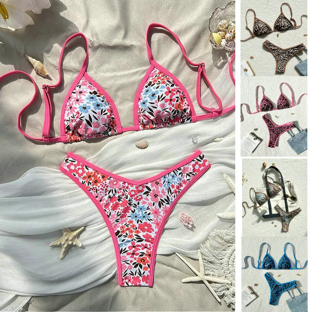 

Sexy Leopard Print Bikini 2 Piece Set Women Laced Up Split Swimsuit Low Waist Beachwear 2025 New Summer Swimwear Bikinis Set