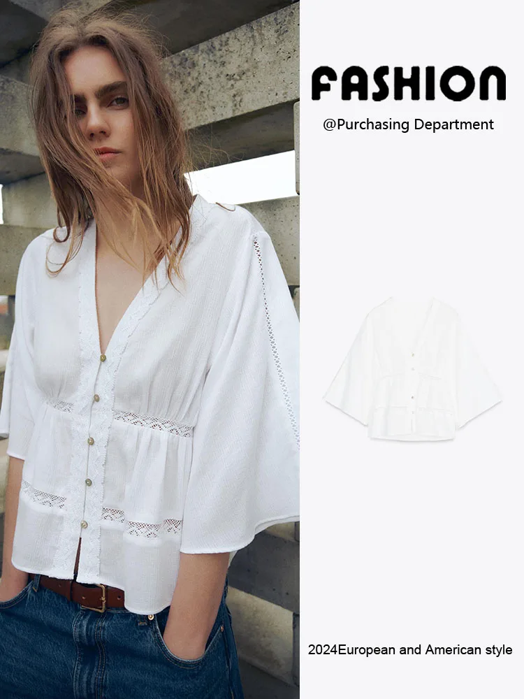 

Новое весеннее поступление, женские простые свободные вертикальные рюши с отделкой V-Ne Commute Sle Pure Color Bell Sve 00% Другие матовые...