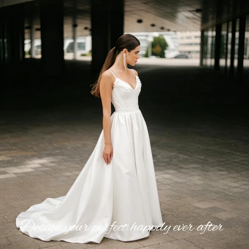 Simple Luxury Sweetheart A Line Wedding Gown Satin Corset Bodice Brush Train Vestidos De Novia Customized