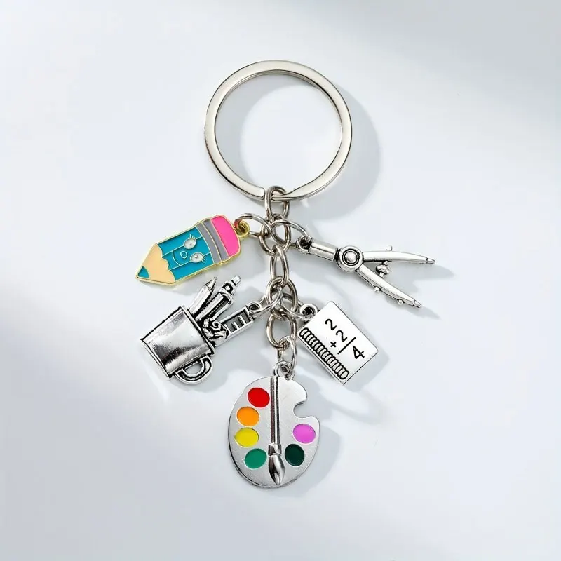 Oil-Drip Pencil Silvery Red Apple Drawing Board Keychain Gift for Teachers and Classmates Five-Link Chain Graduation Season Keychain Car Fan Keychain