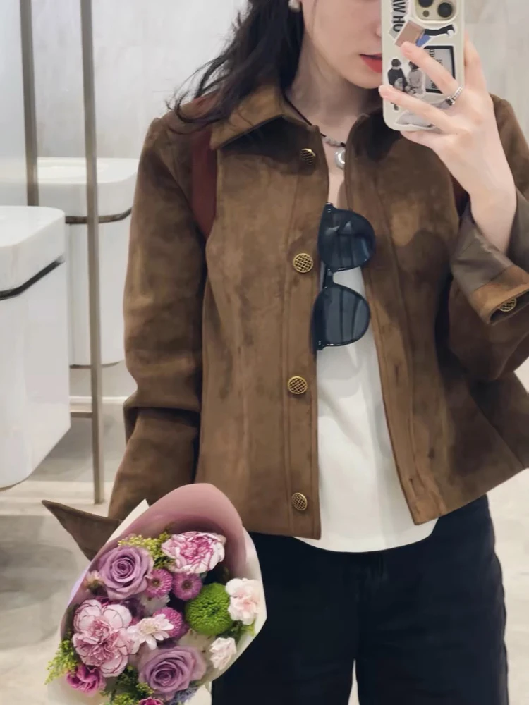 Jaqueta Feminina Browan de Camurça Estilo Motociclista Curta, Nova Coleção Outono Inverno, Casaco Acolchoado Solto e Moderno com Corte Reto e Manga Longa